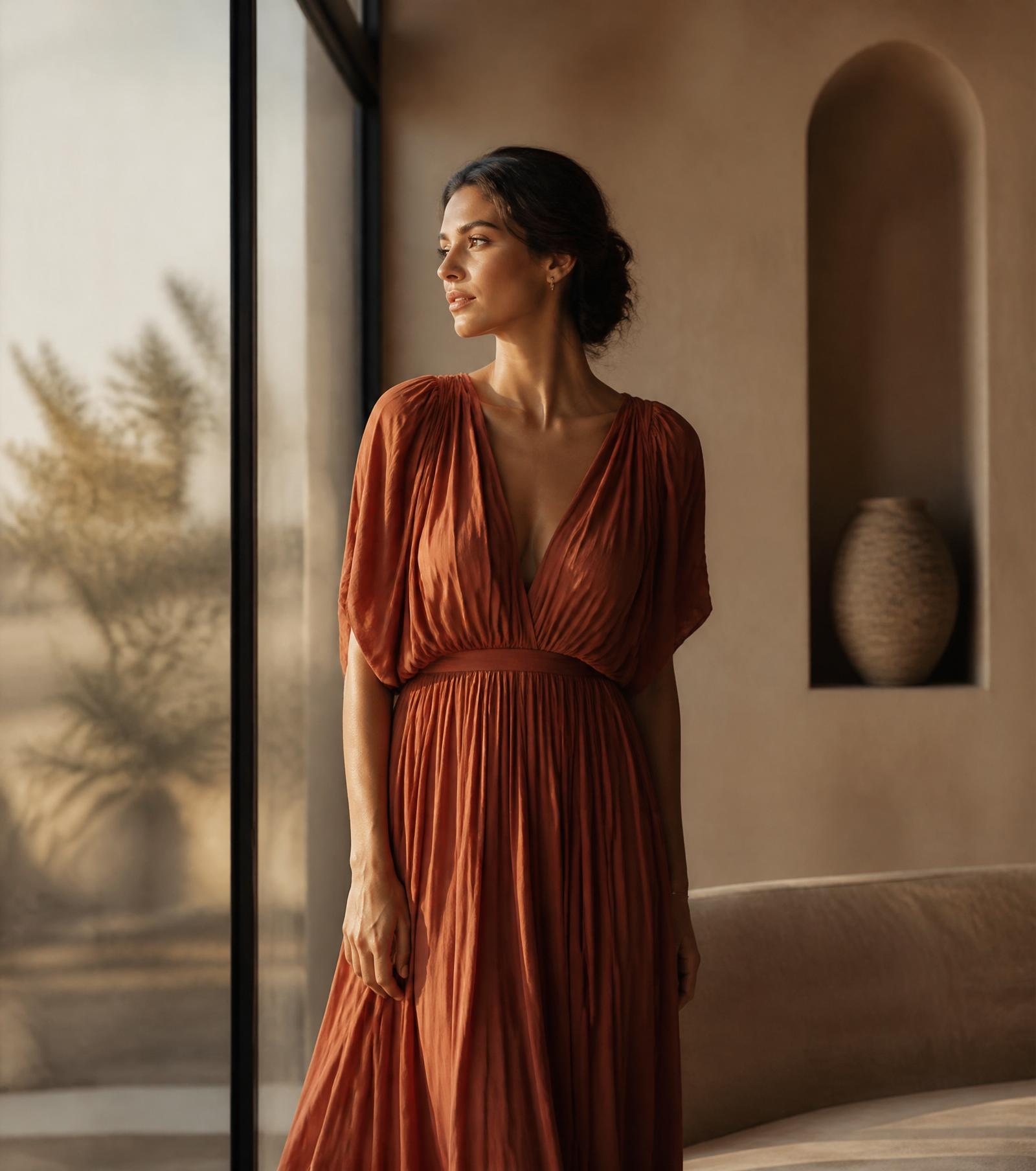 Mujer serena junto a una ventana con luz cálida